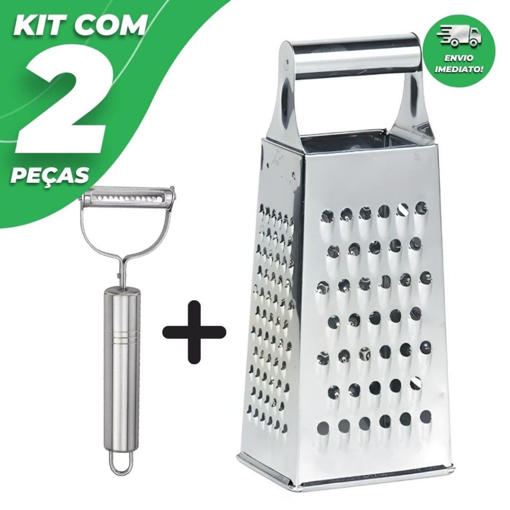 Kit Utensílios de Cozinha Descascador de Legumes Inox e Ralador 4 faces Inox Kit 02 Peças