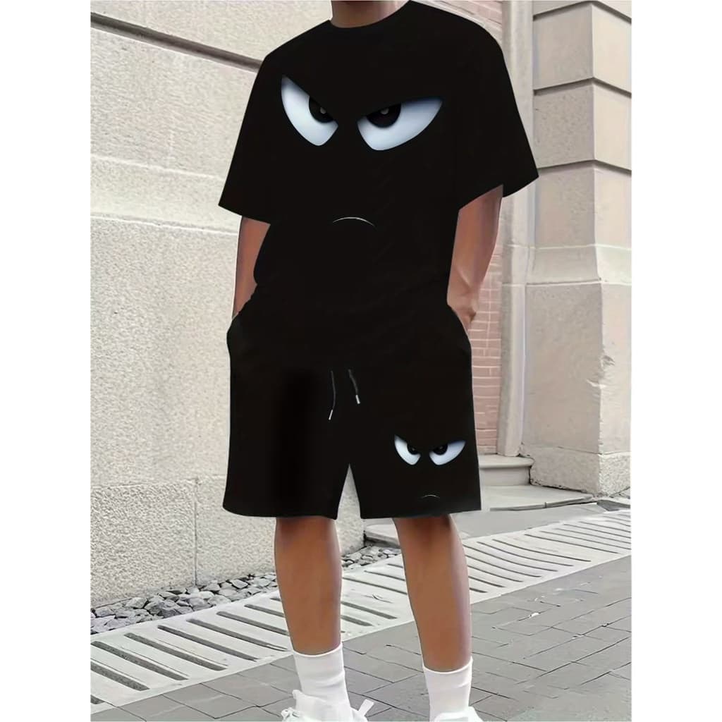 Conjunto masculino camiseta algodão 100% + bermuda tactel praia Angry Face urbano streetwear verão