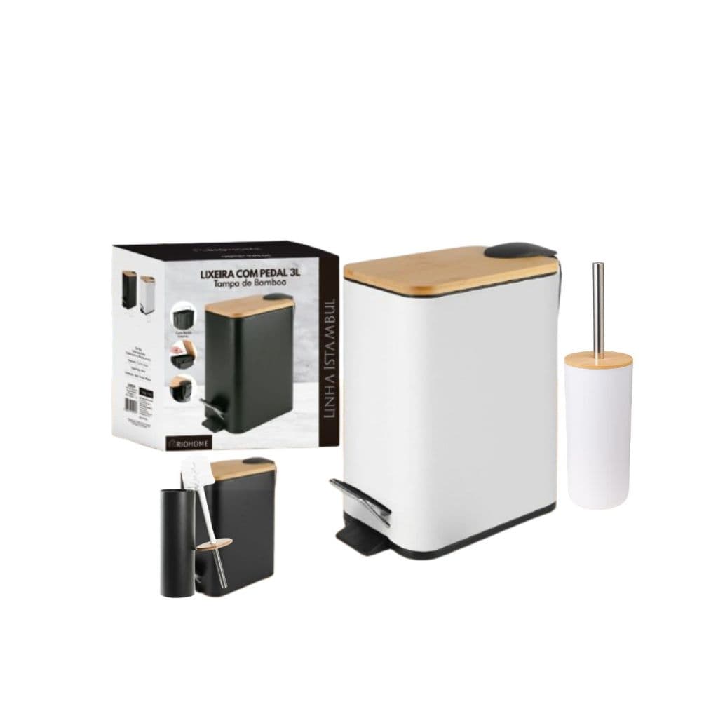 Lixeira Com Pedal 5L e Sistema de Amortecimento Escova Sanitária Bambu Banheiro Cozinha