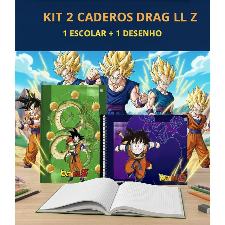 Kit 2 Cadernos Dragon Ball Z: 1 Escolar 80fls + 1 Desenho Cartografia volta as aulas infantil menino