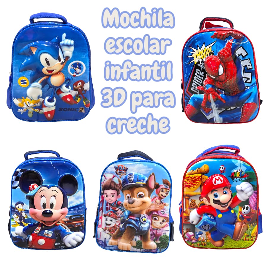🎒🌈 Mochila Infantil 3D para Creche – Várias Estampas