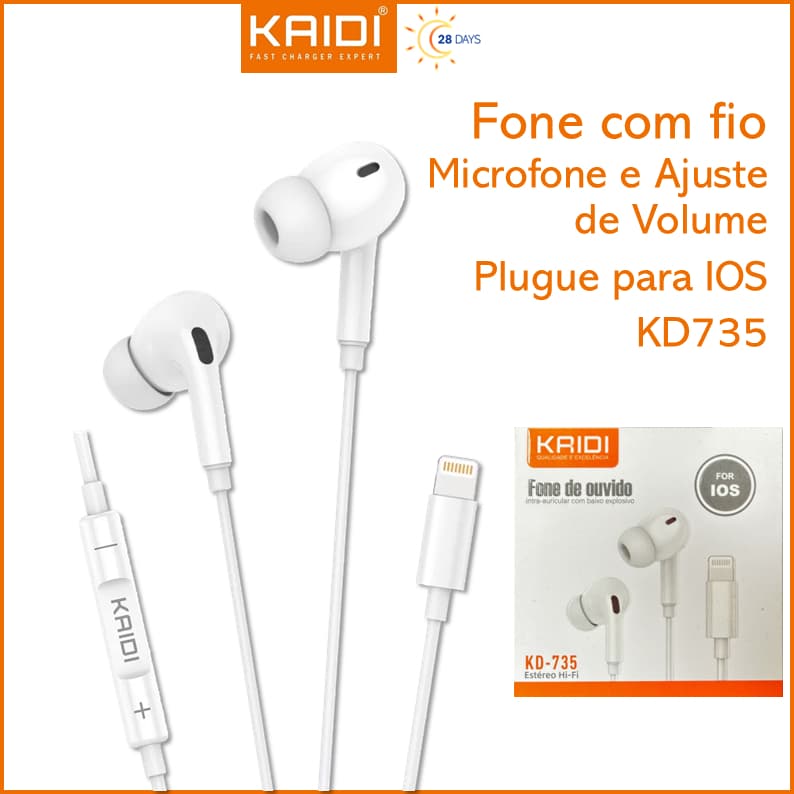 Fone de ouvido com fio intra-auricular borracha para Lighning IOS Microfone e Ajuste de volume KAIDI KD-735