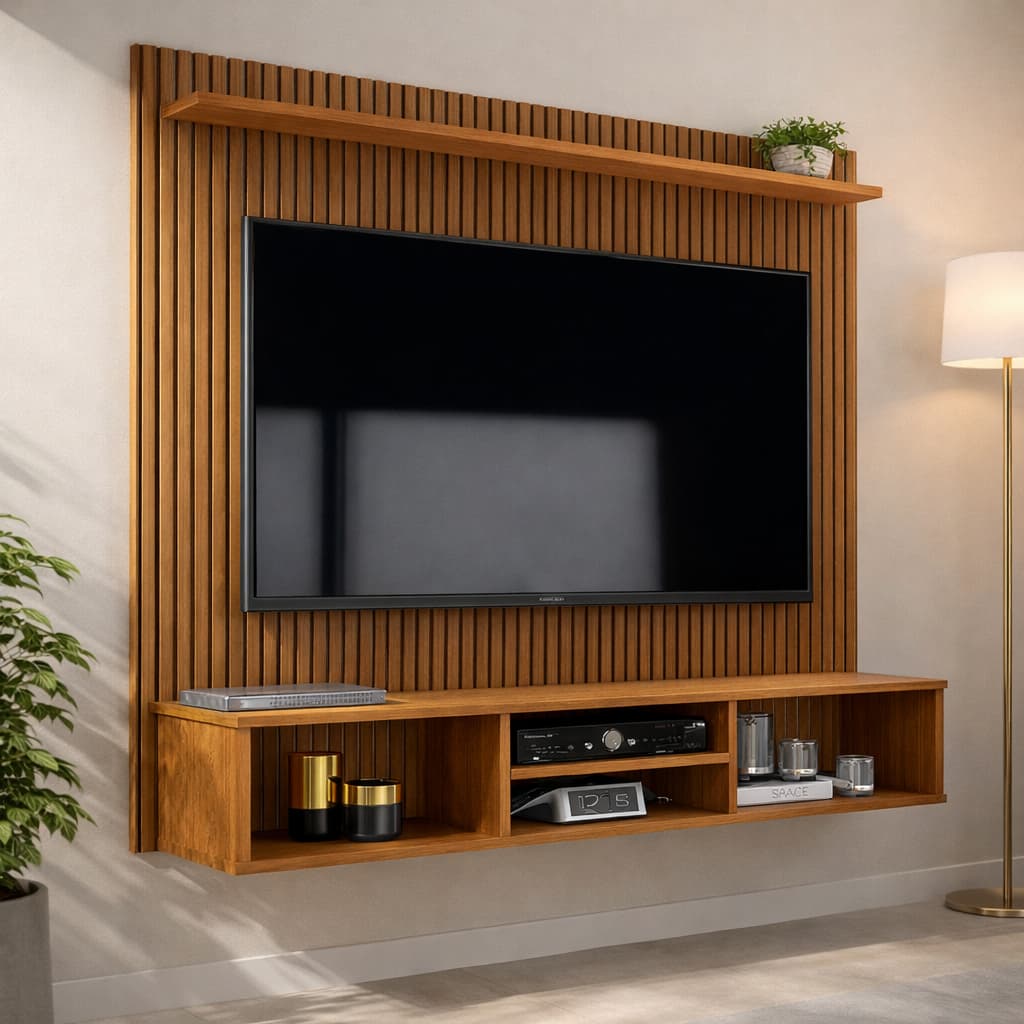 Painel Ripado Para TV até 50 Polegadas com Prateleira e Nicho Espaçoso Ideal para Sala Estante
