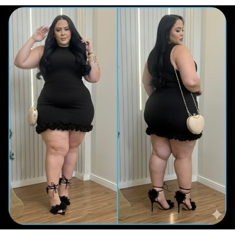 Vestido Tubinho Plus Size Malha Rugão (Canelado) Premium Babado Duplo 44 a 54 zero transparência
