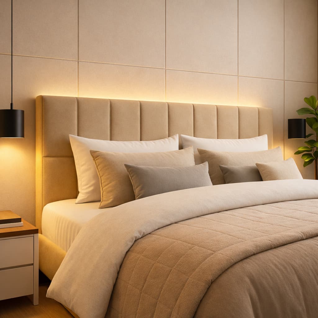 Cabeceira de Cama Casal 45x20 Suede Premium – 10 Placas Modulares – Cama Box e King