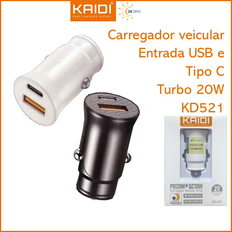 Carregador Veicular Turbo Fonte com Saída dupla 1 USB e 1 Tipo C Kaidi KD-521