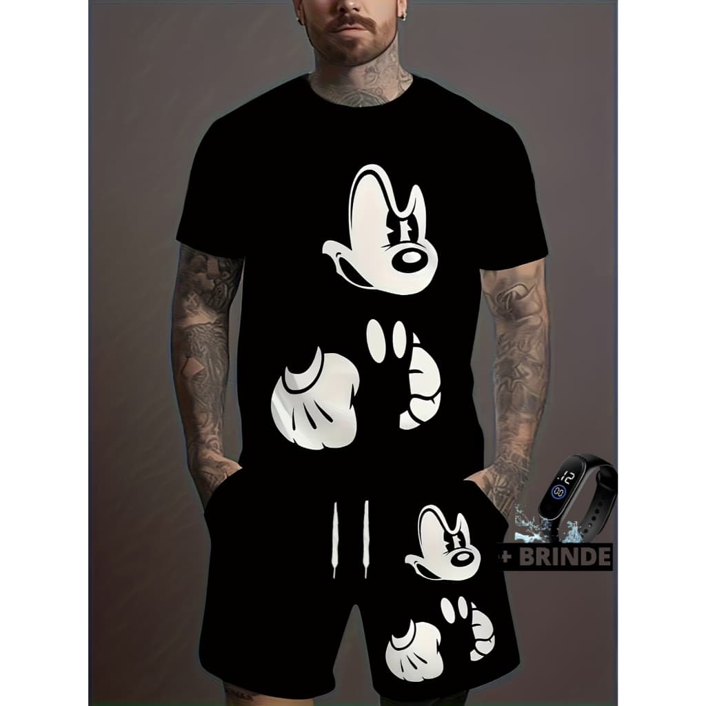 Conjunto masculino camiseta algodão 100% + bermuda tactel praia Mickey urbano streetwear verão