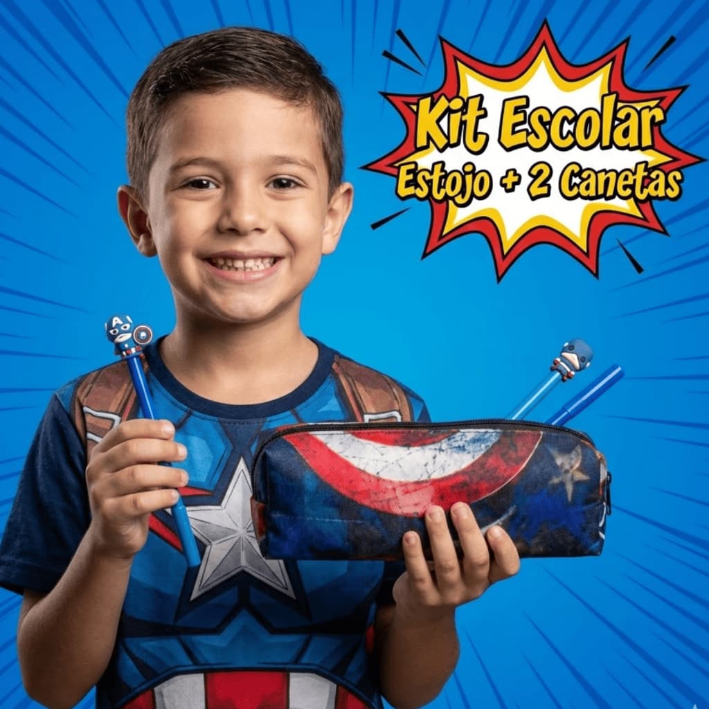 Kit Estojo Escolar Super Herois Zíper Único + 2 Canetas Personalizadas Kit Completo Meninos