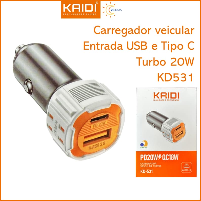 Carregador Veicular Turbo Fonte com Saída dupla 1 USB e 1 Tipo C Kaidi KD-531