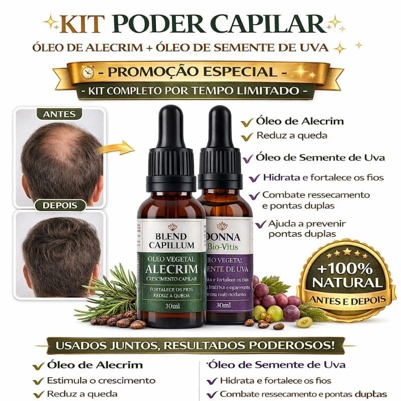 Kit Óleo de Alecrim + Óleo de Semente de Uva, Crescimento, Reduz a Queda, Fortalece os Fios