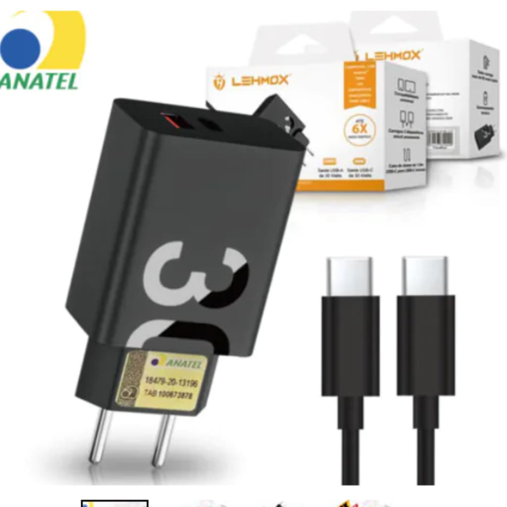 Carregador Turbo 30W USB-A + USB-C LEHMOX LE-490 A+C com Cabo