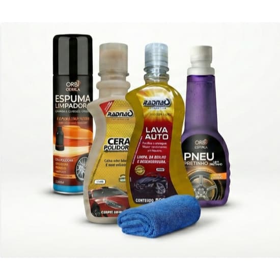 Kit Limpeza Automotiva 4 em 1 | Shampoo c/ Cera 500ml Radnaq + Cera Limpadora + Espuma + Pretinho Pneu