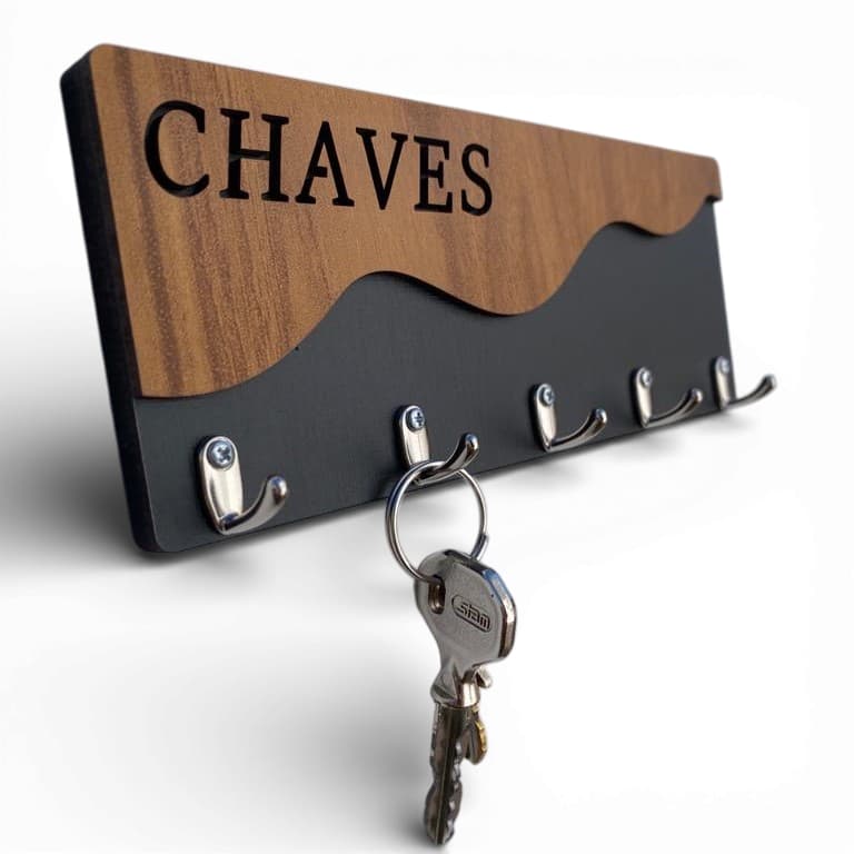 Porta Chaves de Parede MDF 5 Ganchos Organizador de Chaves Sem Furos Fita Dupla Face Decorativo