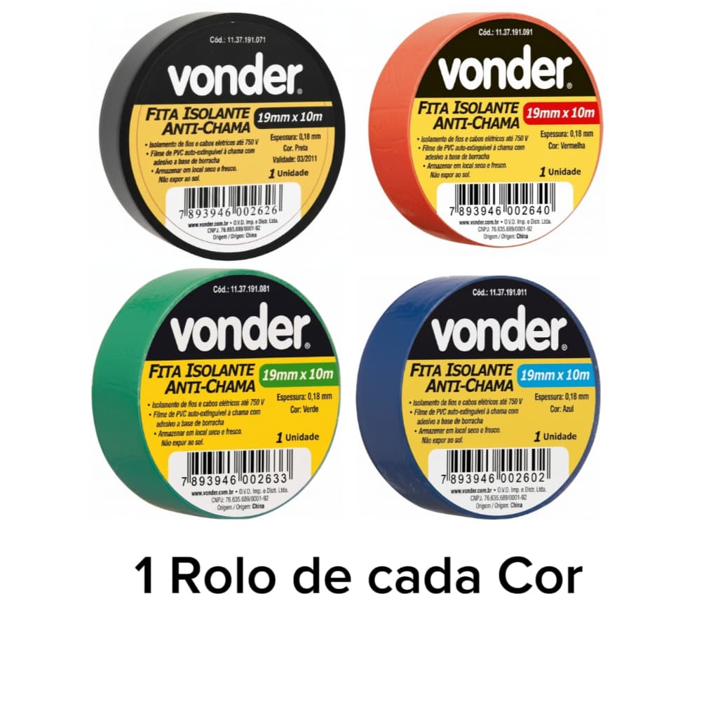 Kit 4 Fita Isolante Vonder Antichama 19mm X 10m Colorida 750v