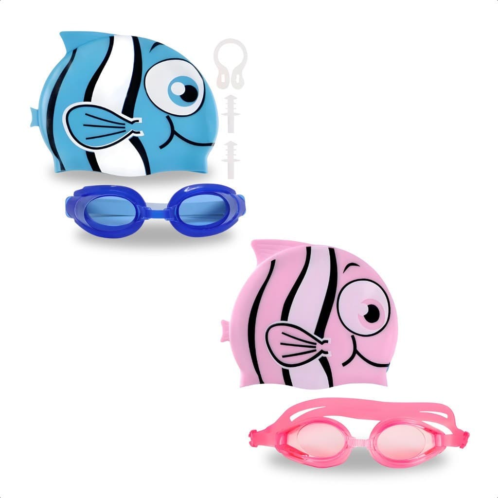 Kit Natação Infantil Peixe Menino ou Menina Touca Toca Óculos Mergulho Silicone Com Protetor