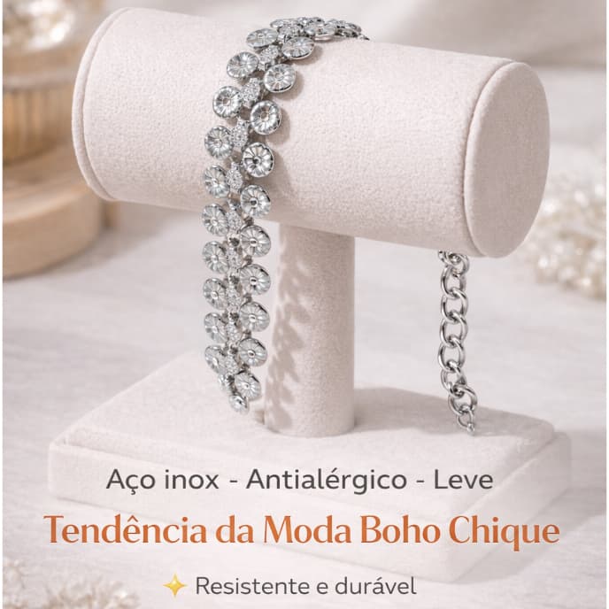 Pulseira Feminina Aço Inox Antialérgica Boho Chic com Extensor Ajustável