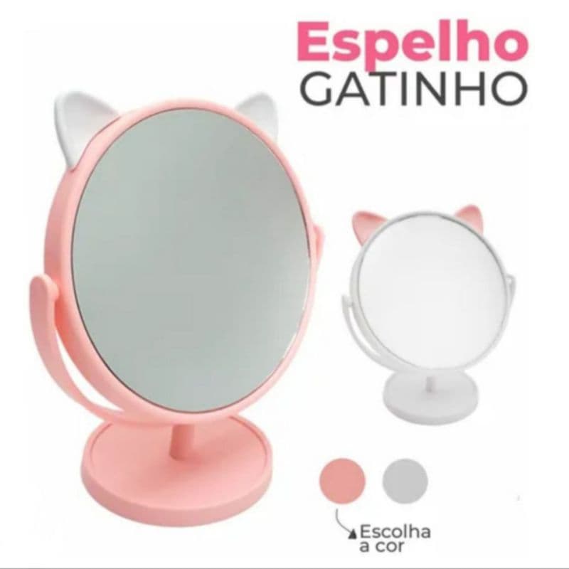 Espelho Redondo de Mesa Penteadeira Gatinho Decorativo Giratório 360 Porta Objetos Charmoso, Prático e Decorativo