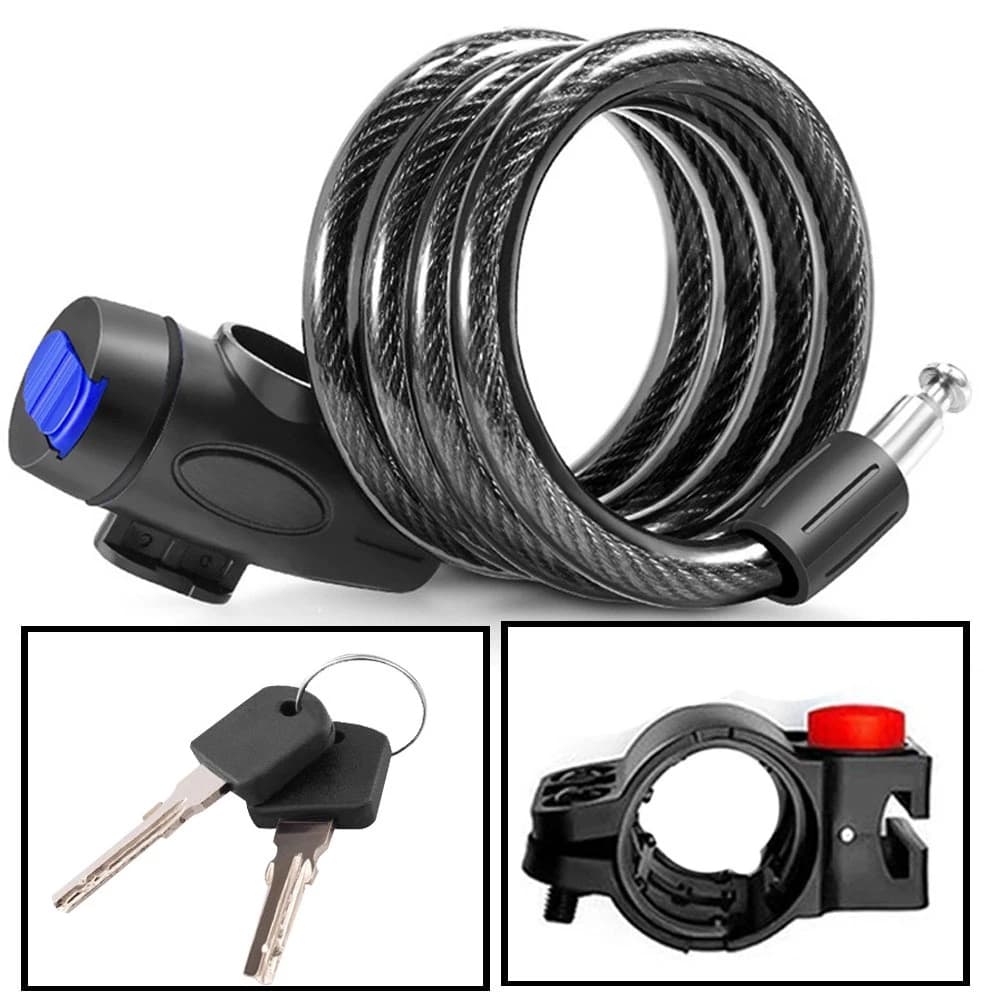Trava Cabo De Aço 1,07m Cadeado Segurança Bike Moto Com Chave Espiral Anti-Roubo Com suporte