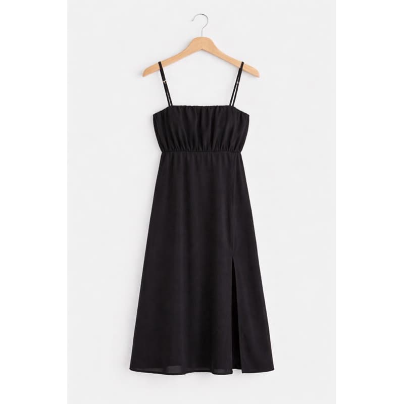Vestido Feminino Midi Preto Com Fenda Alça Ajustável