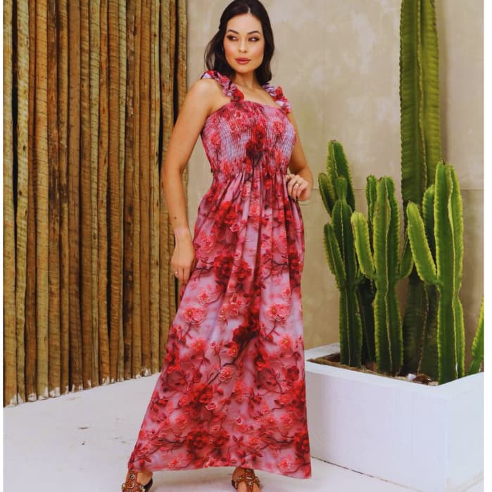 Vestido Feminino Longo Estampa 3D Floral - Alça Babado com Lástex - Verão Romântico Blogueira