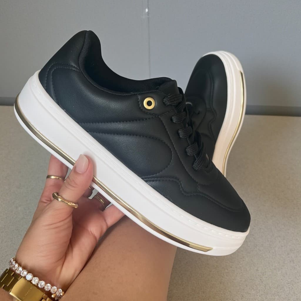 Tênis Casual Beira Rio Feminino Plataforma Branco com Dourado
