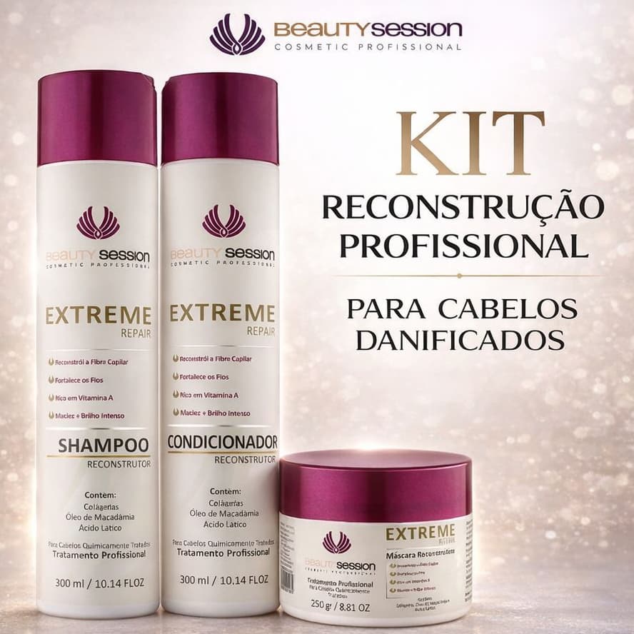 Kit Reconstrução para Cabelos Danificados Extreme Repair - Beauty Session Cosmetic Pofessional
