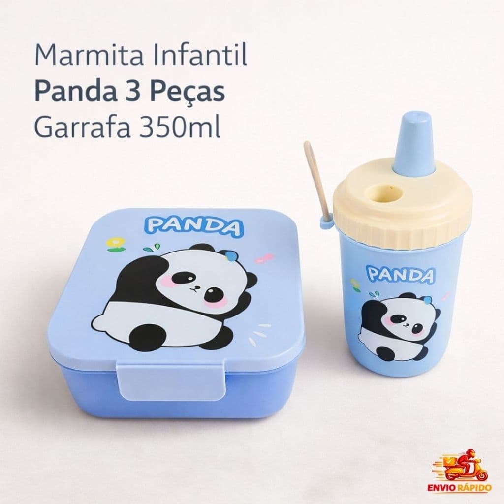 Marmita Infantil Panda Lancheira com Garfinho e Copo 350ml - Escola - Passeio