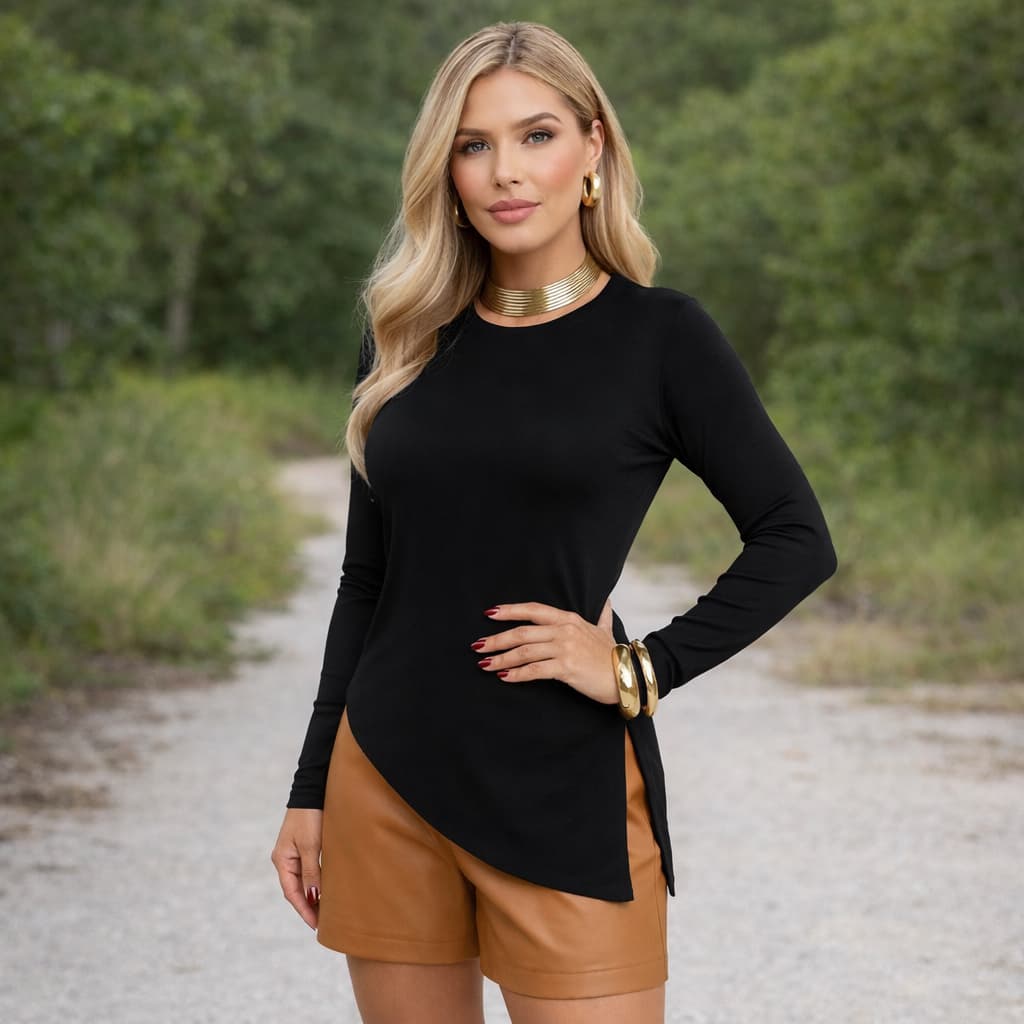 Blusa Feminina Ribana Manga Longa Com Fenda - Promoção