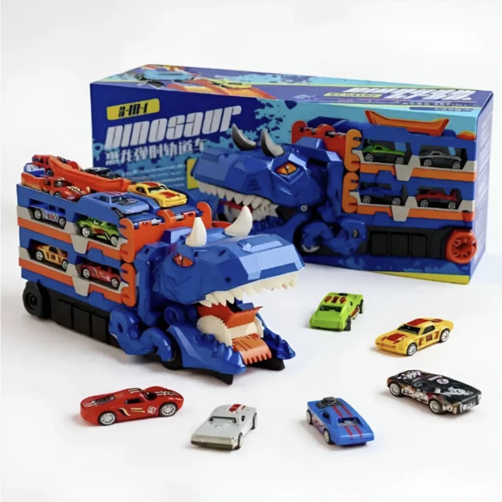 Brinquedo Caminhão Dinossauro Trex Transporte Pista 6 Carrinhos Maleta Verde
