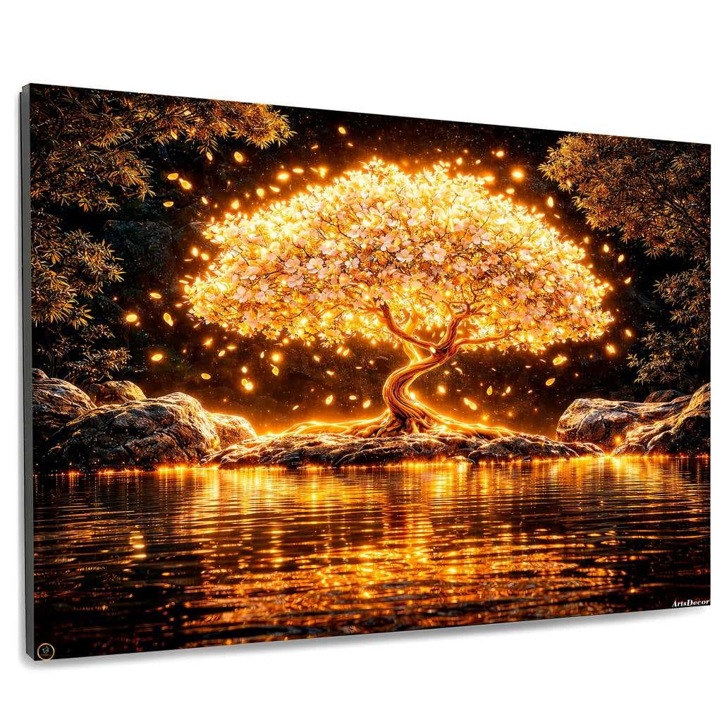 QUADROS DECORATIVOS FULL HD LINDA ARVORE DA VIDA LUXO LUZ COM PETOLAS DOURADA AGUA LAGO FULL HD DECORAÇÃO QUARTO