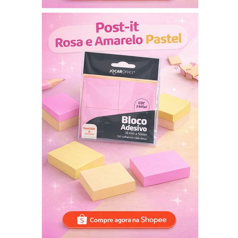 Kit blocos adesivos 38x50 Jocaroffice rosa e amarelo pastel 2 pacotes com 4 blocos cada