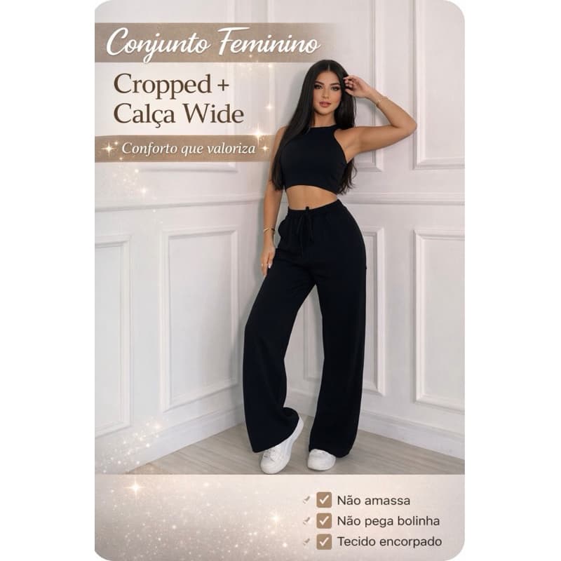 Conjunto Feminino Jheny Cropped + Calça Wide Malha Crepe Confortável