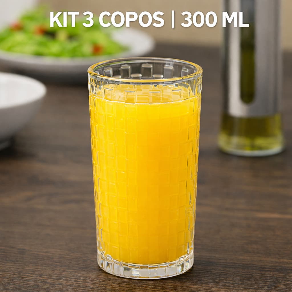 Kit 3 Copos de Vidro Mônaco 300ml | Água, Sucos e Drinks