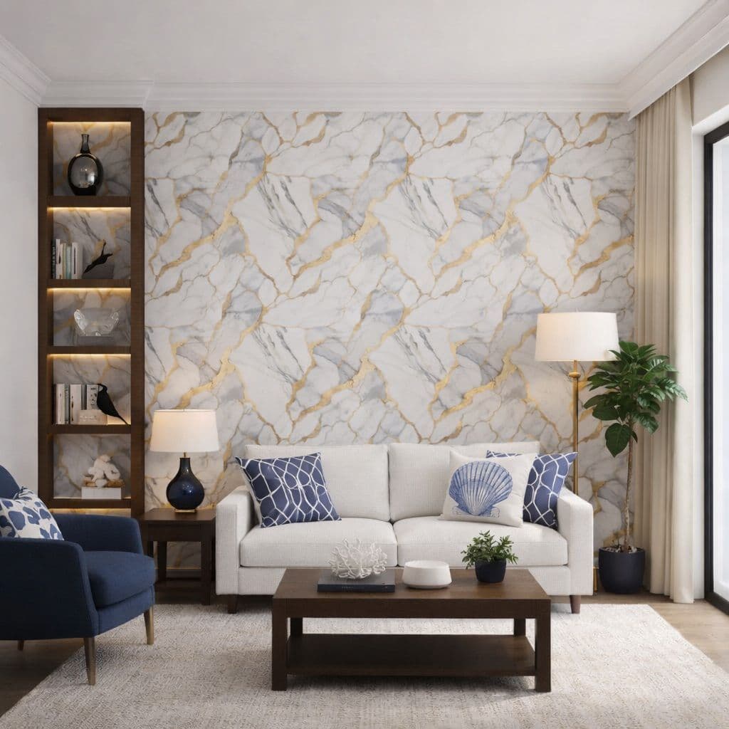 Papel De Parede 1 Até 6 metros Autoadesivo Marmorizado Dourado Premium Decoração Quarto Sala