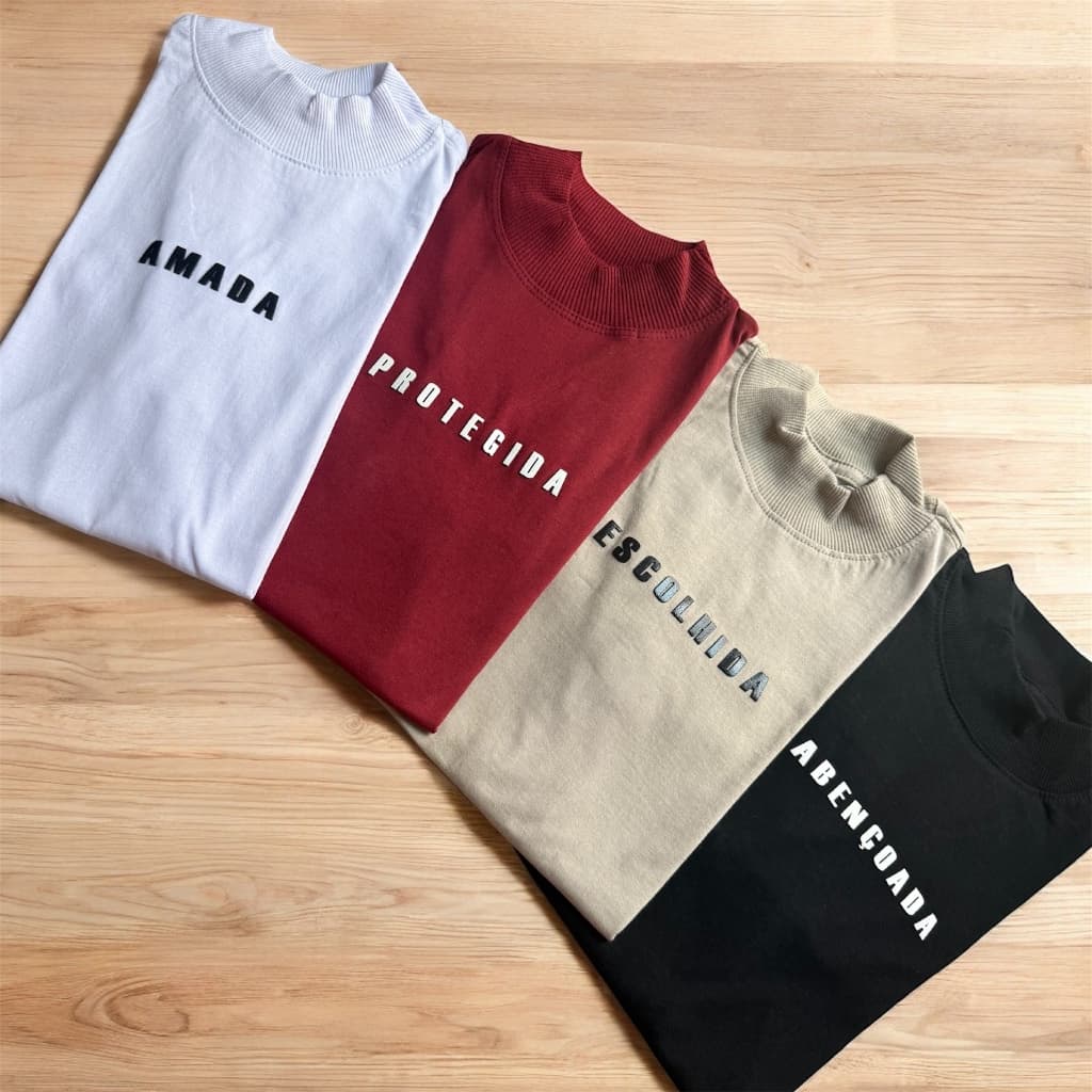 Kit 4 Blusas Femininas Tshirts Gola Alta Algodão Elegantes Silkadas