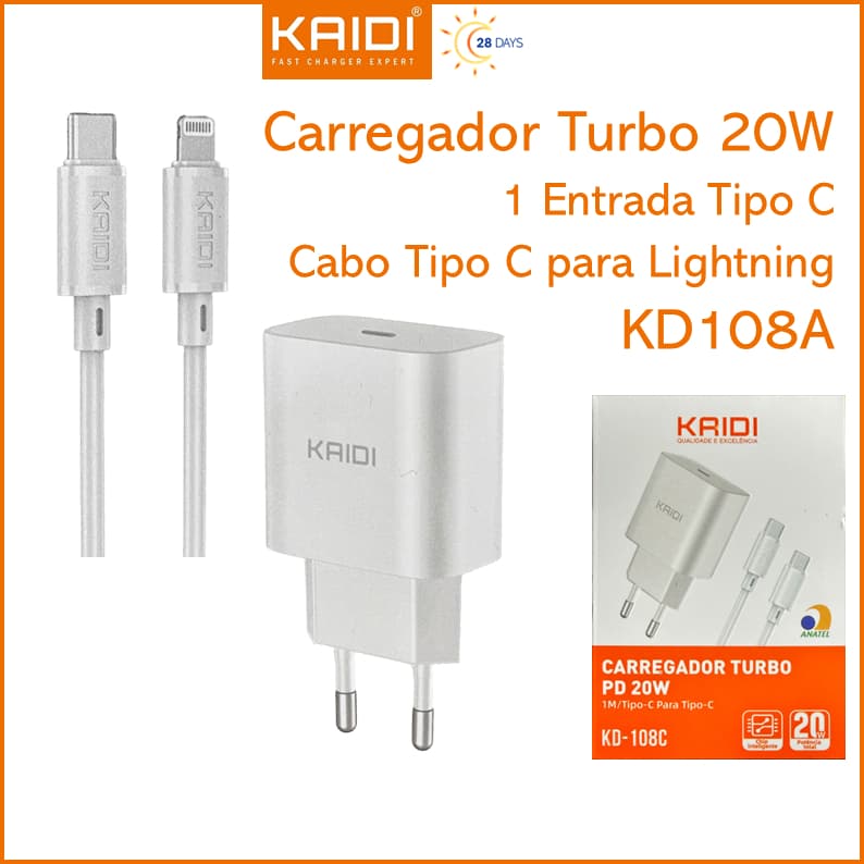 Carregador Cabo e Fonte Turbo PD 20W Saída Tipo-C para Lightning iPhone 1m Kaidi KD-108A
