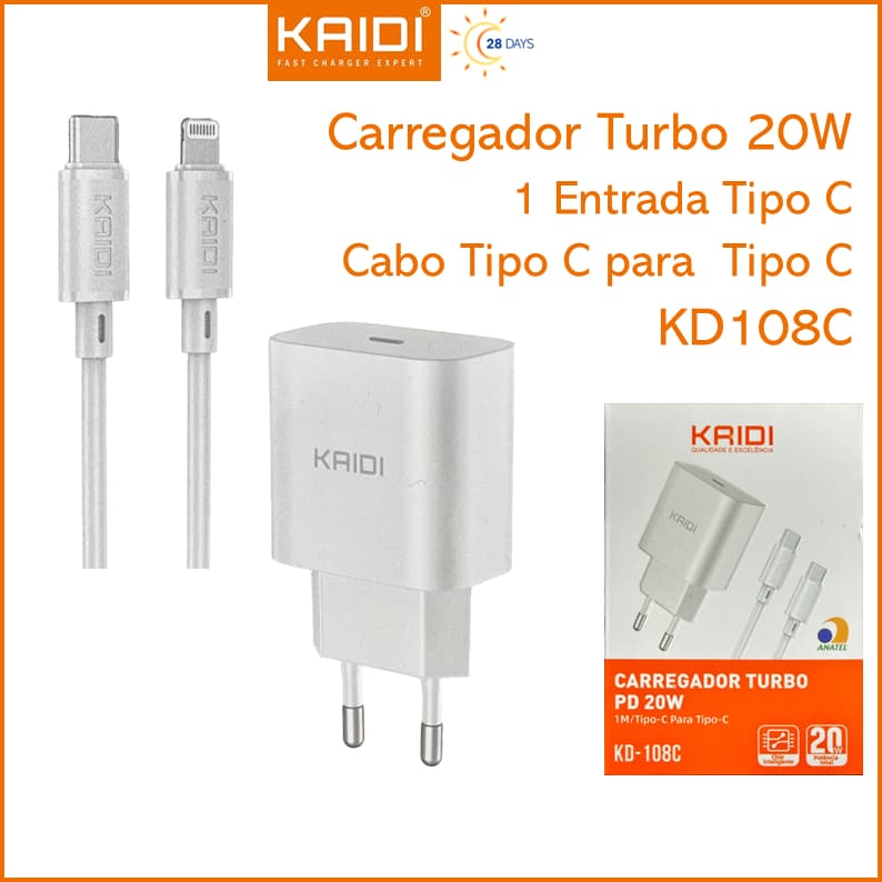 Carregador Cabo e Fonte Turbo PD 20W Saída Tipo-C para Tipo C 1m Kaidi KD-108C