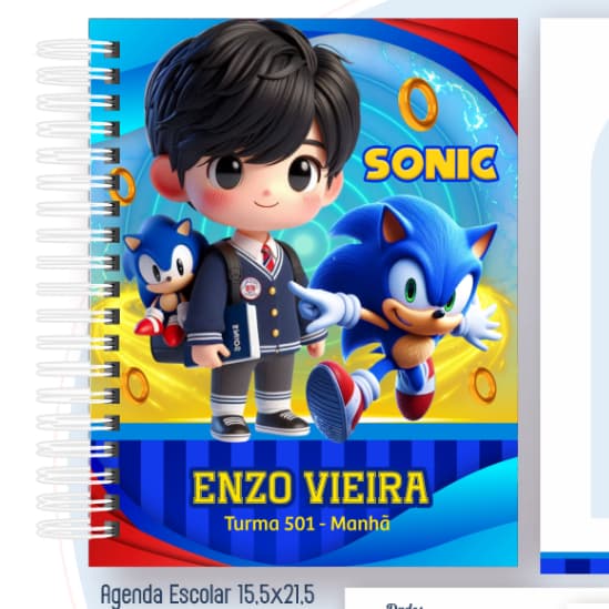 Agenda Escolar SUPER SONIC COM MASCOTINHO personalizada com nome
