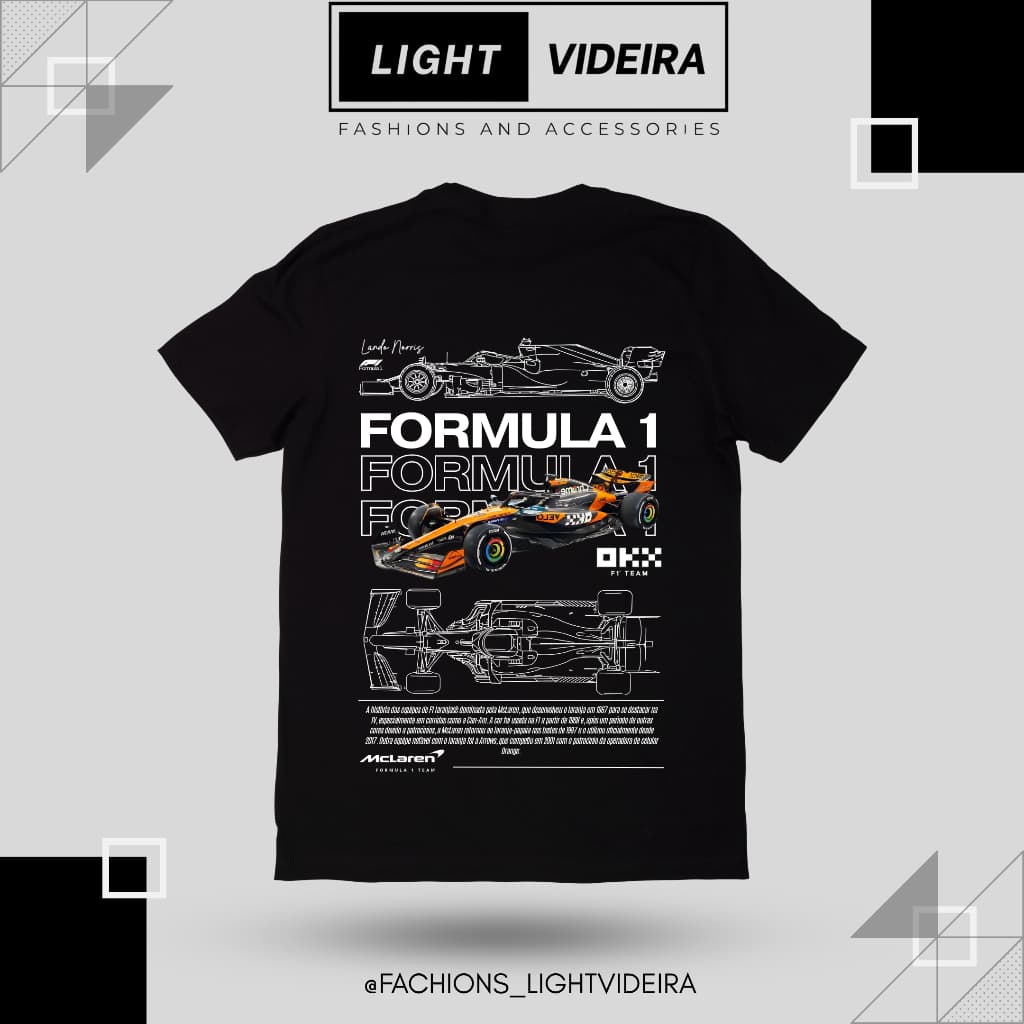 Camiseta Formula F1 100% Algodão Premium Básico, Camisa estampa carro esportivo, equipe McLaren, estampa alta qualidade