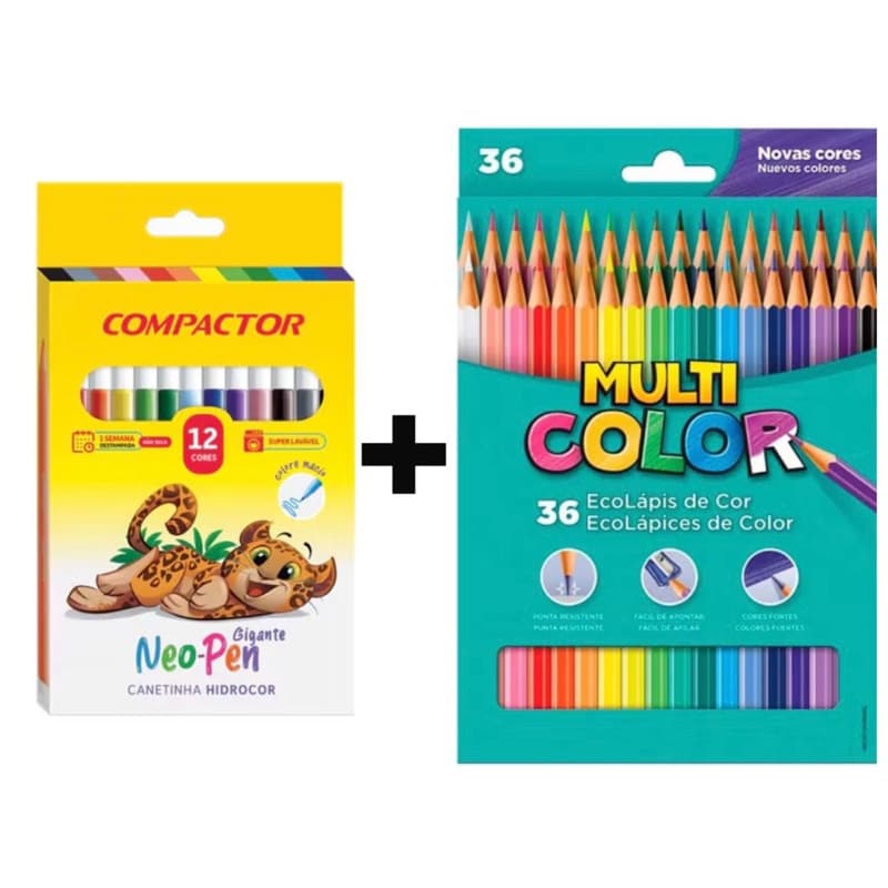 Kit Lápis De Cor Multicolor 36 Cores + Canetinha 12 Cores Neo Pen Gigante  Promoção Volta as Aulas ;)