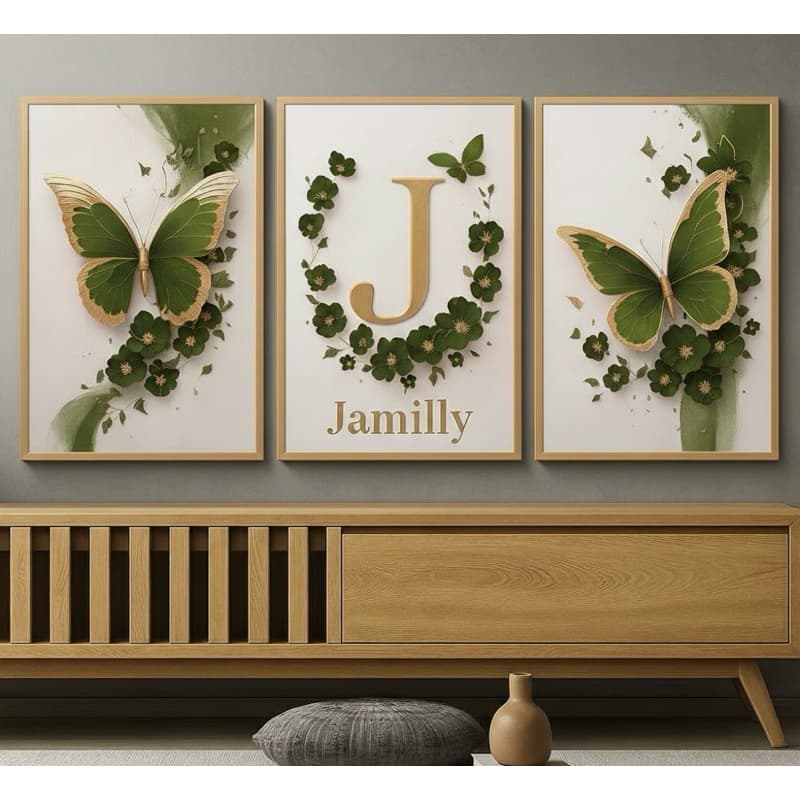 Kit 3 Quadros Personalizados Infantil Nome e Letra Borboletas Verdes e Dourado - Luxo Decor