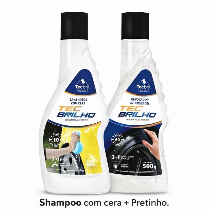 Shampoo Automotivo com Cera + Pretinho para Pneu Tec Brilho | Kit Limpeza Carro 500m