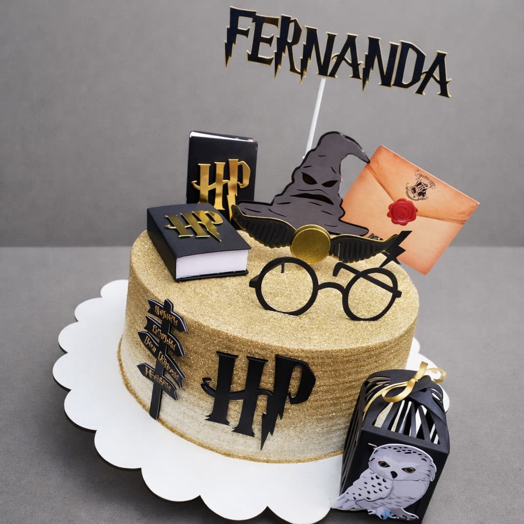Topo/Topper de Bolo Harry Potter luxo | Personalizado com Nome | Detalhes em Dourado