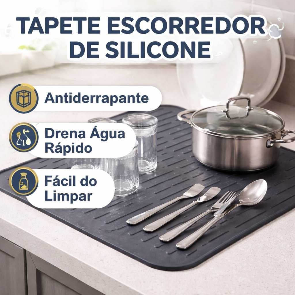 Tapete Escorredor de louça Silicone Pia seca Pratos Talheres Antiderrapante 40cm