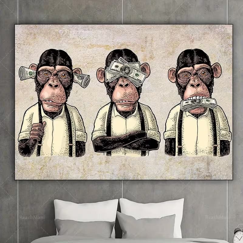 Quadro Decorativo Três Macacos Sábios Versão Luxo e Dinheiro
