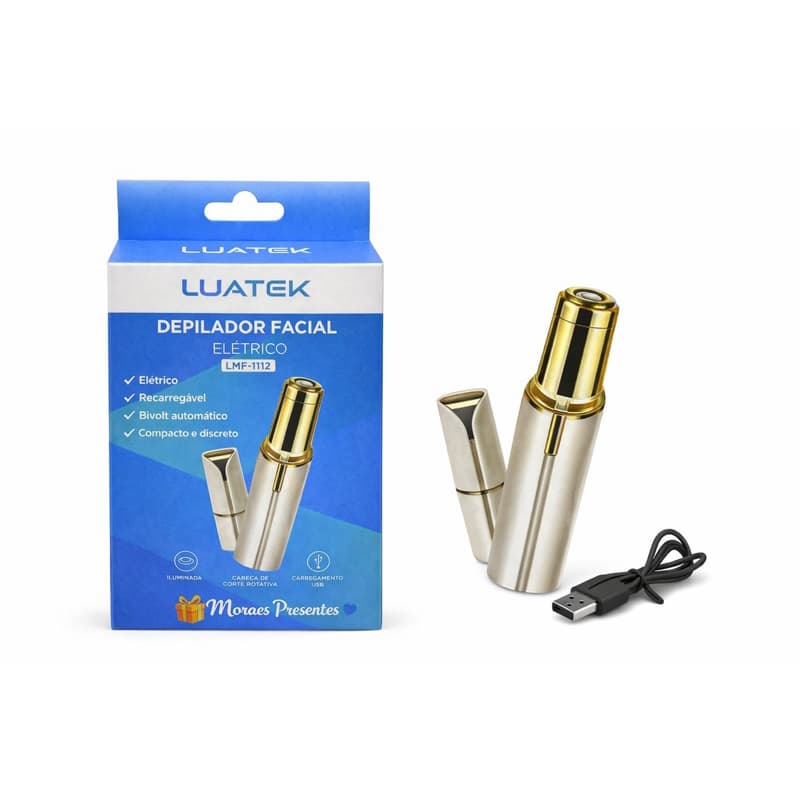 Depilador facial elétrico Luatek recarregável, com luz LED, cabeça rotativa, compacto, bivolt e fácil de usar.