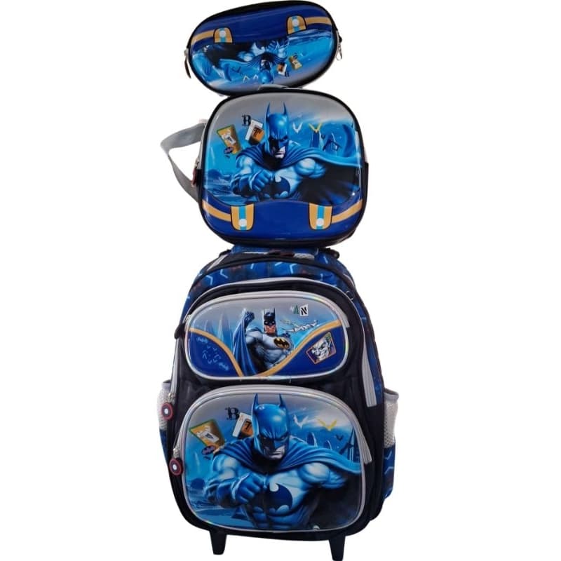 Kit Mochila Infantil Escolar 3D Mochila com Carrinho + Lancheira Térmica + Estojo Batman Mochila Batman