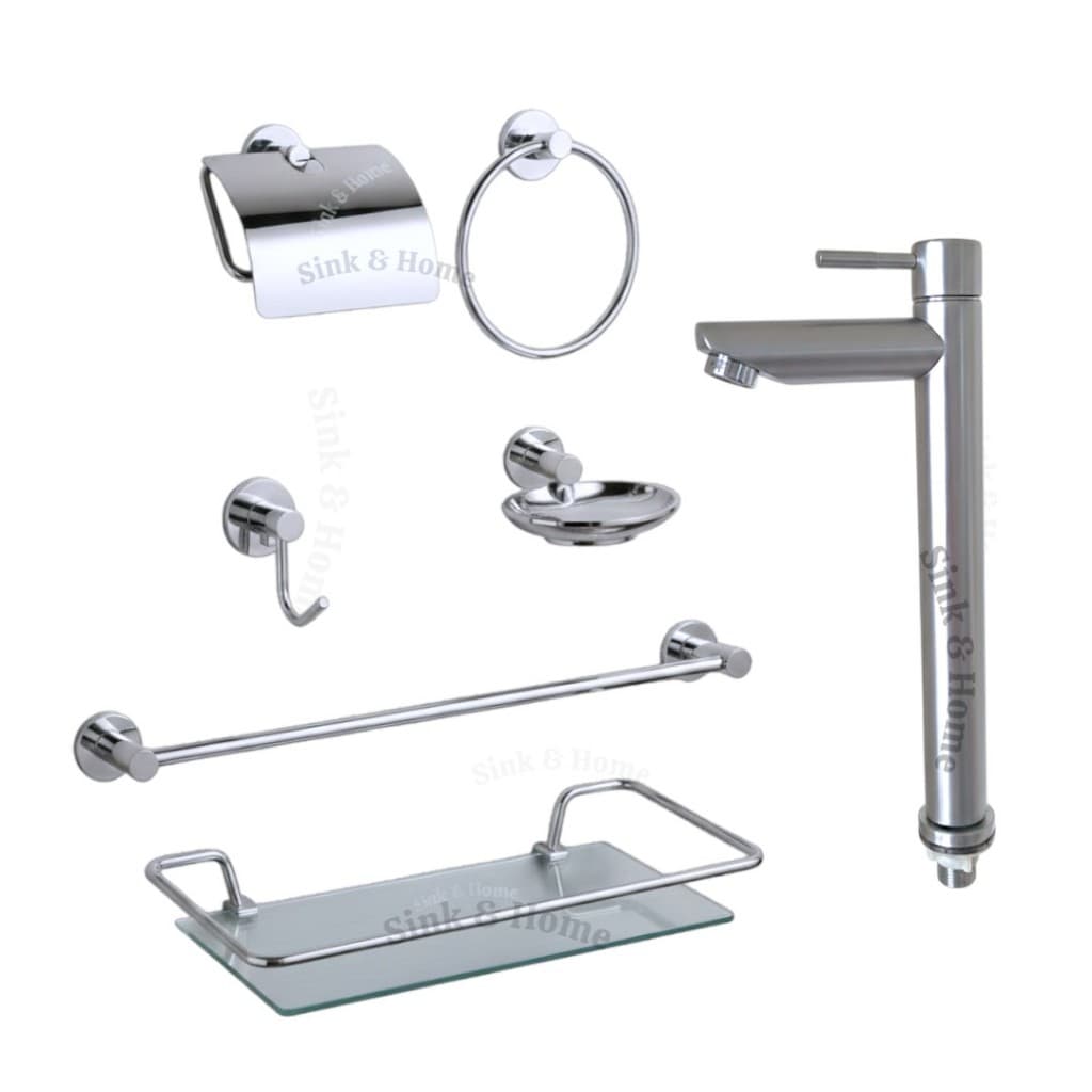 Acessórios de Banheiro Metal Inox Cromado Torneira Inox Alta Cuba Lavatório Banheiro Toalheiro Saboneteira Sabao