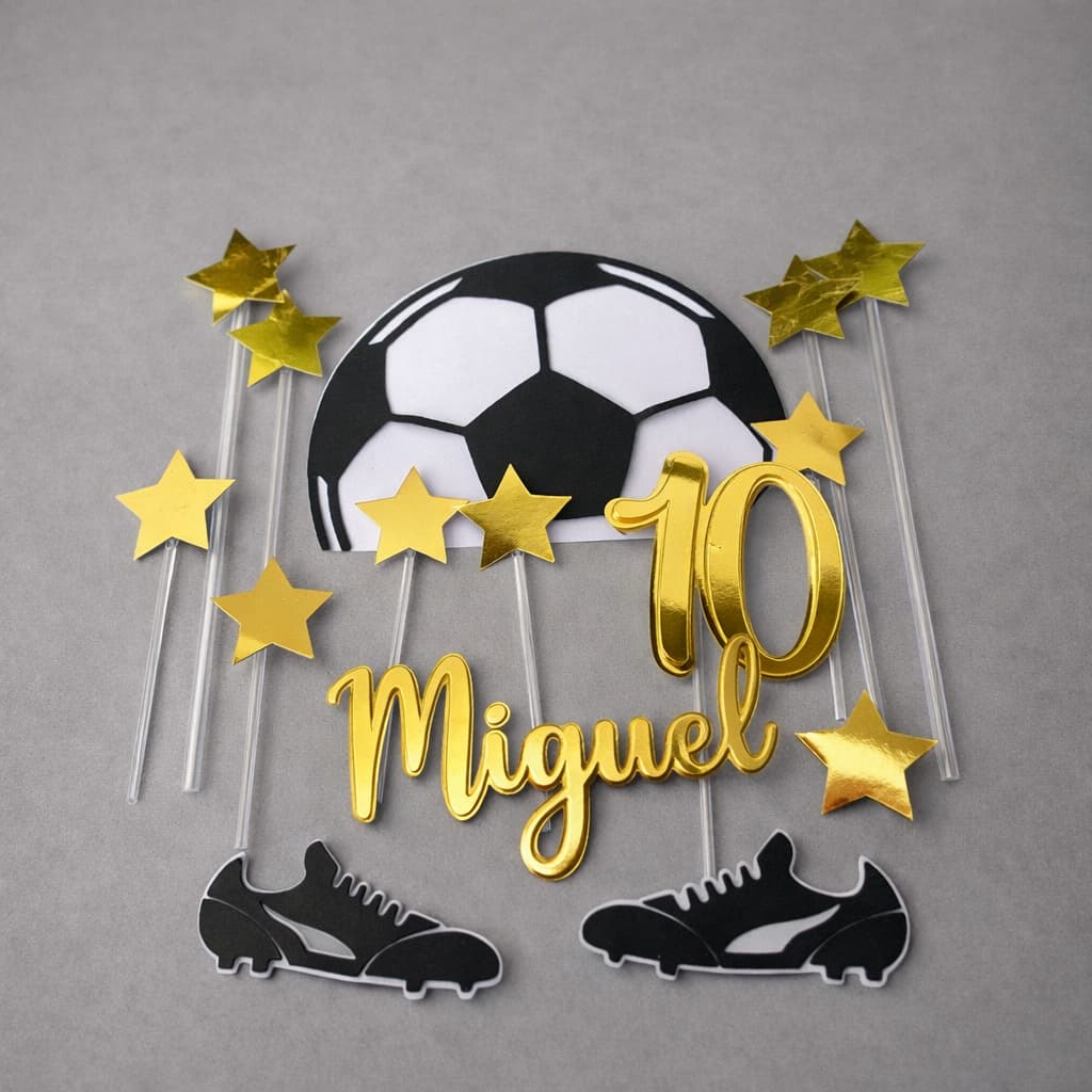 Topo/Topper de Bolo 3D Personalizado, Futebol, Chuteira, Dourado