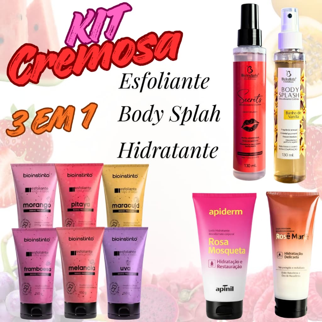 Kit CREMOSA Body Splash + Hidratante Corporal + Esfoliante pele hidratada, perfumada e macia